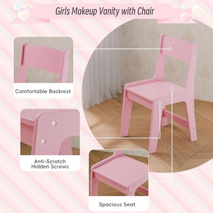 Girls Vanity Table and Chair Set, Kids Vanity with Jewelry Organizer for Princess, Toddler Makeup Vanity Desk with Open Shelf, Closed Cabinet and Butterfly Pattern, Pink - color: Pink