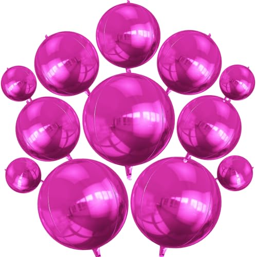 HILAVO 12PCS Hot Pink Round Foil Balloons, 22" 15" 10" Large 4D Ball Balloons Metallic Hot Pink Mirror Sphere Balloon for Valentines Galentines Day Wedding Women Birthday Party Ceiling Decorations - color: Hot Pink Ball