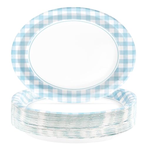 50PCS Light Blue Gingham Paper Oval Plates 10" X 12" Disposable Light Blue and White Gingham Party Plates Disposable Heavy Duty Checkered Plaid Dinnerware for BBQ Gathering Picnic Baby Shower Birthday - style: Blue Gingham Oval Kit