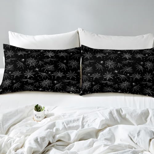 Feelyou Happy Halloween Bed Sheets Set Queen Size Black Gray Cobweb Deep Pocket Fitted Sheet Spider Bedding Sets Soft Bed Set 4Pcs with 2 Pillow Cases - color: Black and Gray, size: Queen