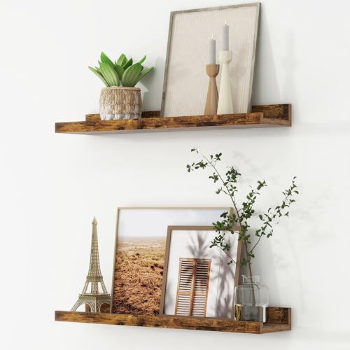 FLYJOE Picture Ledge Shelf, Floating Shelves Set of 2, 24 Inches Nursery Book Shelves for Toys Storage, Kids Bookshelf Wall Mounted for Living Room Bedroom Decor Books Photo Frames, Rustic Brown - color: Brown, size: 24'', Set of 2