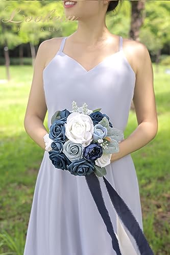 Lookein Set of 4 Bridesmaid Bouquet 7 Inch Artificial Flowers/ Bridal Bouquet Tossing Bouquet for Wedding Ceremony Anniversary Bridal Shower, Classic Navy Blue - color: 7" Classic Navy Blue