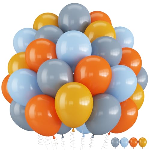 Construction Theme Balloons, 12 inch Orange Yellow Dusty Blue Latex Balloon for Construction Birthday Truck Excavator Theme Boys Transportation Party Supplies - color: Orange Yellow Grey