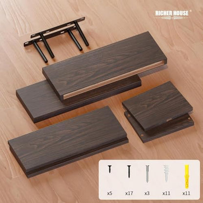 RICHER HOUSE Floating Shelves Set of 3, Modern Bathroom Shelves Wall Mounted Shelves with Invisible Brackets Over Toilet, Rustic Wall Shelves for Bathroom Bedroom, Living Room, Kitchen - Walnut - color: Walnut, size: 2+1