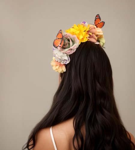 Elegant Butterfly Flower Headband for Women Boho Handmade Rose Floral Crown Wedding Bridal Festivals Cosplay Prom Photo Props Headpiece (C2 yellow, Adjustable) - color: C2 yellow