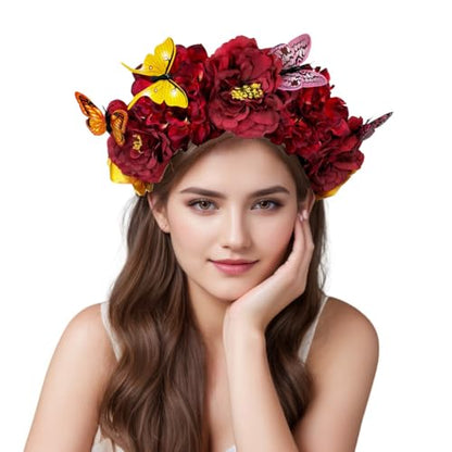 Elegant Butterfly Flower Headband for Women Boho Handmade Rose Floral Crown Wedding Bridal Festivals Cosplay Prom Photo Props Headpiece (B4 red, Adjustable) - color: B4 red