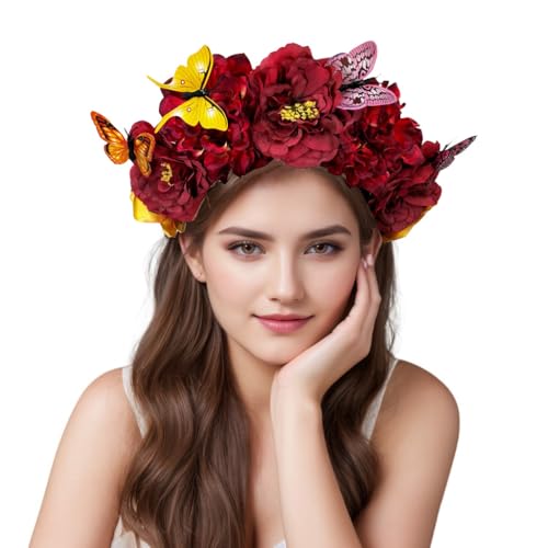 Elegant Butterfly Flower Headband for Women Boho Handmade Rose Floral Crown Wedding Bridal Festivals Cosplay Prom Photo Props Headpiece (B4 red, Adjustable) - color: B4 red