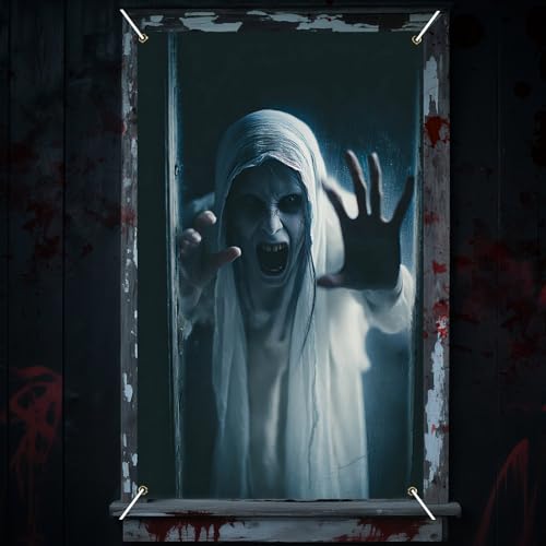 Nuxovilar Halloween Window Decorations, Hooded Screaming Ghost Clawing Through Halloween Window Cover for Indoor, Party, Haunted House, 31.5x47.3 Inches - color: Yhd04233