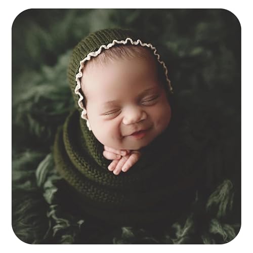 Coberllus Newborn Baby Photography Props Wrap Knitted Blanket Swaddle & lace Edge Bonnet for Boys Girls Photo Shoot Wrap Prop (Dark Green) - color: Dark Green