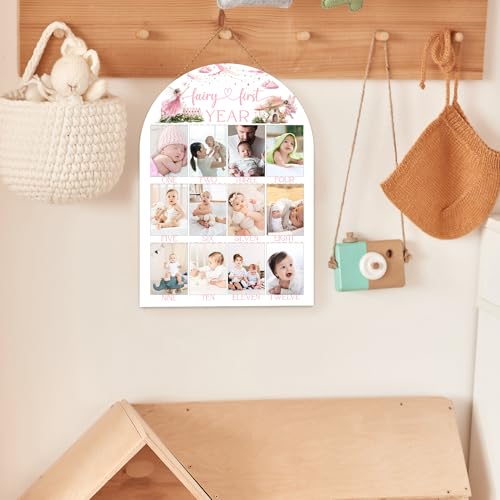 My Fairy First Year Photo Board, Fairy First Birthday Decoration Photo Frame, 12 Monthly Baby Milestone Wooden Sign, Pink Nursery Decor for Girl Boy, Gender Neutral Baby Keepsake Gifts-A13