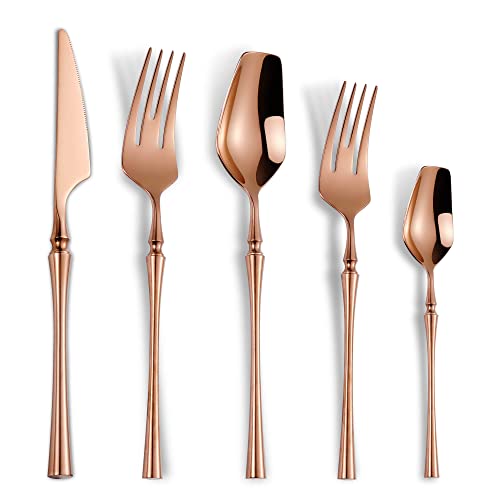 Lemeya 20-Piece Rose Gold Silverware Set for 4,Modern 18/10 Stainless Steel Flatware Set,Unique Rustic Cutlery Utensils Set,Spoon and Fork Set for Home, Restaurant,Mirror Polished,Dishwasher Safe - color: Rose gold 20 Pieces Set with Tea Spoon