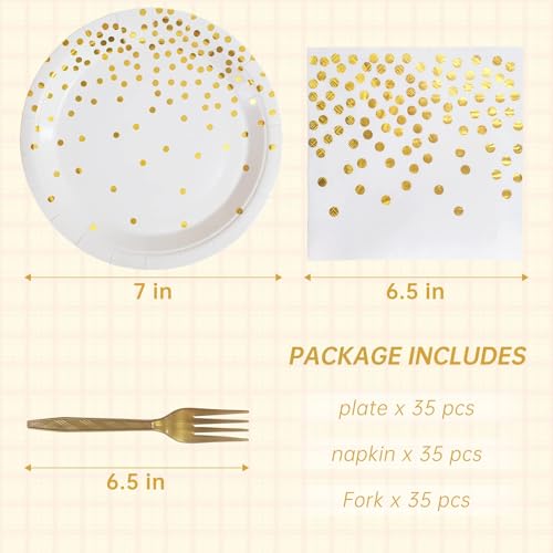 White and Gold Paper Plates Napkins Party Supplies,Disposable Gold Dot Paper Dessert Plates,105 PCS Birthday Plates and Napkins Party Supplies for Wedding(Serves 35 Guests 7") - color: White Gold Dot Paper Plate