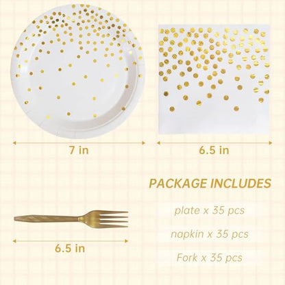 White and Gold Paper Plates Napkins Party Supplies,Disposable Gold Dot Paper Dessert Plates,105 PCS Birthday Plates and Napkins Party Supplies for Wedding(Serves 35 Guests 7") - color: White Gold Dot Paper Plate