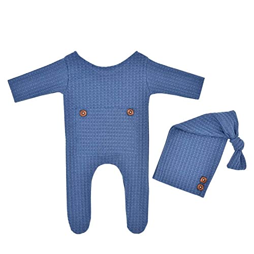 Coberllus Newborn Photography Props Outfit Fabric Sleepy Knot Hat & Footed Romper Bodysuit for Baby Boys Girls Photoshoot - color: Blue
