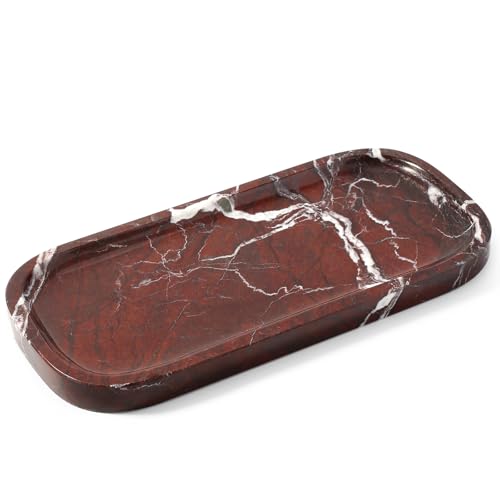 Koville Marble Tray, 10"x5" Marble Vanity Tray for Bathroom Countertop Kitchen Sink, Rectangular Stone Tray for Perfume Fragrance, Decorative Catchall Tray Jewelry Cosmetics Organizer(Red) - color: 10"x4.72"-rose Lepanto
