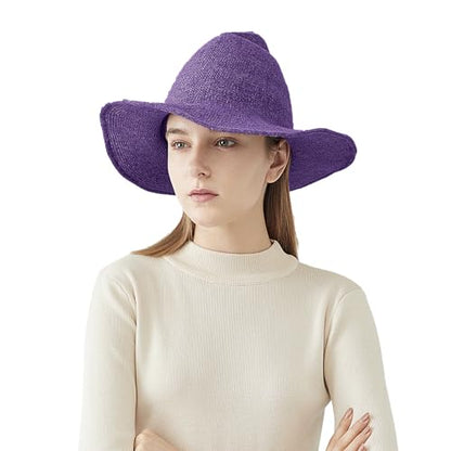 Halloween Witch Hat for Women Wide Brim Foldable Wizard Hat Wool Knit Pointed Cap Cosplay Costume Accessory - color: Purple