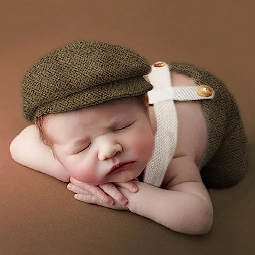 Holibeat Newborn Boy Photography Props Baby Boy Photo Shoot Outfits Infant Gentleman Romper Suits with Hat - color: Olive
