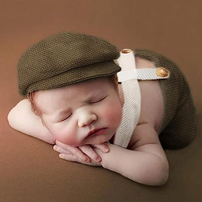 Holibeat Newborn Boy Photography Props Baby Boy Photo Shoot Outfits Infant Gentleman Romper Suits with Hat - color: Olive