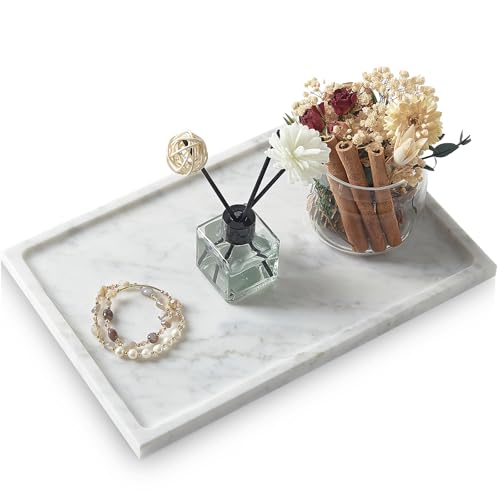 Real Luxurious Natural Marble Tray - 12x8 Inch Marble Vanity Tray for Perfume Display, Jewelry Organizer, Bathroom & Home Decor -Heavy Duty Non-Slip Stone Tray (Non-Resin/Non-Ceramic) - color: White