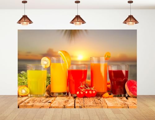 5x3ft Tropical Sunset Juice Backdrop Colorful Drinks Kiwi Tomato Carrot Photography Background for Summer Beach Food Party Decorations Tapestry Photo Booth Props - size: 5x3ft