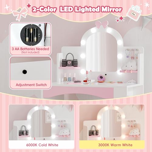 MU Kids Vanity with Lights, Princess Makeup Vanity Table and Chair Set for Girls, Toddler Vanity Desk with Open Bookshelf, Storage Cabinet & Shelves, Stools, White - color: White