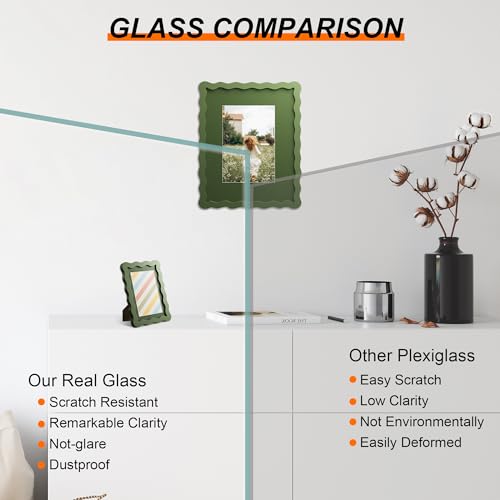 8x10 Picture Frame with Mat for 5x7, Wavy Edge Wooden Real Glass Photo Frame for Tabletop and Wall Hanging, Green, 1 Pack - color: Green, size: 8x10 in