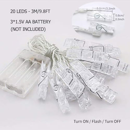 Photo Clips String Lights, 9.8Ft 20 LED Fairy Lights with Clips Battery Operated Warm White for Pictures Dorm Bedroom Wall Halloween Thanksgiving Christmas Party Wedding Décor