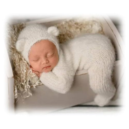2Pcs Newborn Photography Props Boy Photo Posing Outfits Baby Photoshoots Girl Crochet Bear Hat Romper - color: White