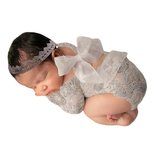 Baby Photography Props Outfit Lace Rompers Newborn Girl Photo Shoot Outfits Flower Headband Princess Costume - color: Grey C