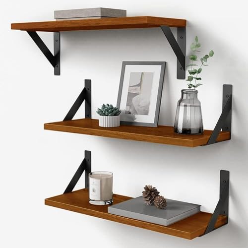 Forbena Walnut Brown Wall Bookshelf for Bedroom, Wooden Floating Book Shelves for Office, Small Wall Shelving Unit for Living Room Nursery Kitchen Bathroom Kids Room (Walnut Color) - color: Walnut, size: 17 Inches