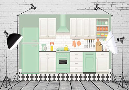 8x6ft Fabric Cartoon Kitchen House Backdrop Baking Room Photography Background Christmas Cooking Interior Decoration Family Birthday Party Banner for Adult Kids Portrait Video Photo Booth Props - size: 8x6FT