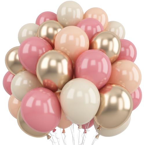 Retro Pink Balloons, 12 Inch Dusty Pink Metallic Gold White Balloons, Blush Beige Neutral Nude Chrome Champagne Gold Latex Balloon for Women Boho Birthday Wedding Baby Bridal Shower Party Mothers Day - color: Retro Pink White Gold