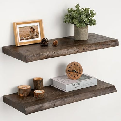 Floating Shelves Set of 2, Solid Elm Wood Wall Shelves 24 Inch - Invisible Bracket Mount for Living Room, Bedroom, Kitchen, Bathroom - Brown - color: Dark Brown, size: 24"L, 2-Pack