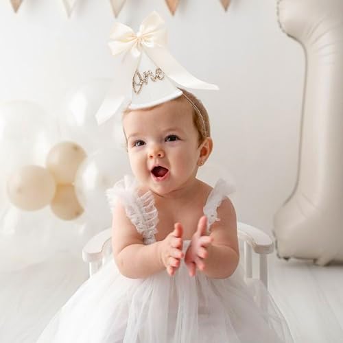 Boho Beige Bow Half Birthday hat-1/2 Birthday Decorations,Glitter Number Cone Hat,Princess Hat,Photo Props Cake Smash - color: White Bow Hat1