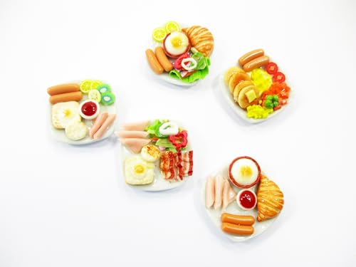 Dollhouse Miniature Food 5 Ceramic Plates Breakfast Sausage Ham Egg Supply 13744