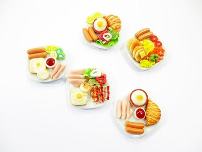 Dollhouse Miniature Food 5 Ceramic Plates Breakfast Sausage Ham Egg Supply 13744