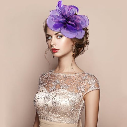Fascinators Hats with Gloves Set for Women 20s 50s Cocktail Tea Party Wedding Costume Headwear - color: 03-purple