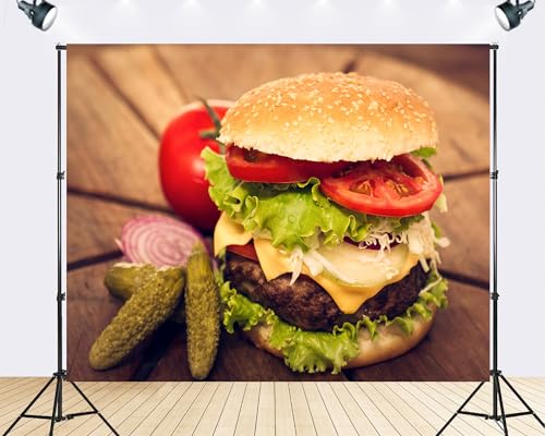 Trykid 9x6ft Fresh Burger Food Wooden Board Backdrop Culinary Photography Background Food Party Decoration Tapestry Photo Booth Prop Fabric - size: 9x6ft