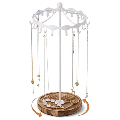 Lolalet Rotating Necklace Holder Stand with Metal Hooks, Spinning Display Carousels, Freestanding Organizer Hanger, for Long Necklaces Chains -White - color: White