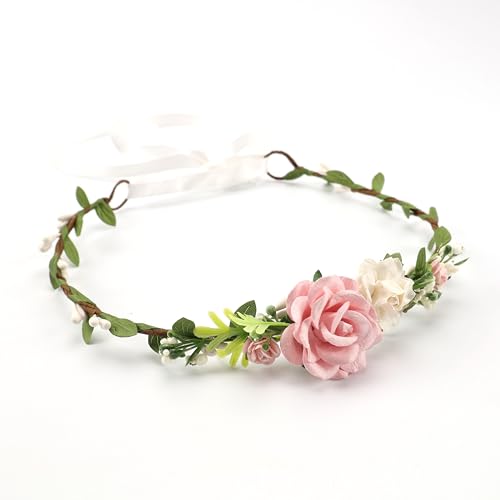 Flower Girl Flower Crown Pink Baby Girls Floral Headpieces Kids Headband Children Hair Wreath Photo Prop (pink-Child Size) - color: Pink