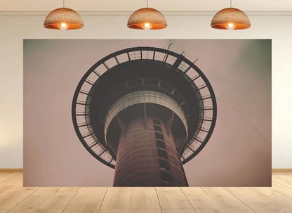 16x10ft Sky Tower Close-up Backdrop Circular Observation Deck and Concrete Structure in Sepia Tone Photo Background Tapestry for Urban Modern Event Party Home Wall Decorations Props - size: 16x10ft