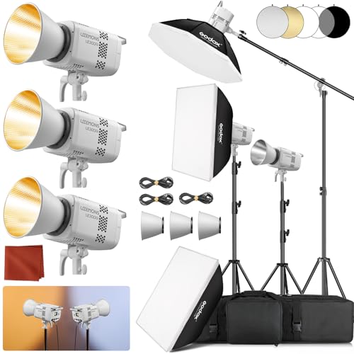 GODOX 3Pack LE300Bi Light Kit, Godox Litemons LE300Bi Video Light with Softbox Light Stand, Bowens Mount, DMX/Bluetooth APP Control, NFC Connection, 2800K~6500K, 58900Lux@1m, CRI/TLCI98, 11 Fx Effects