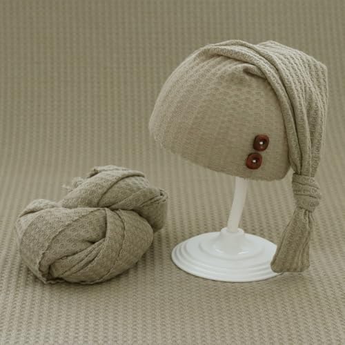 Newborn Photography Props Swaddle Wraps with Hats for Baby Boys Girls Photo Props Shoot Newborn Waffle Texture Knit Blanket (Khaki) - color: Khaki