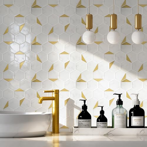 Peel and Stick Backsplash for Kitchen, New Upgrade Premium Hexagon Marble White Tile, 10 Pieces, Aluminum and PVC Composite Material - color: Marble White