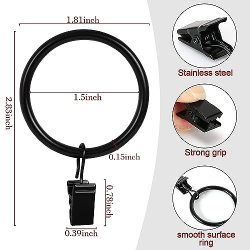 HOOSUN 28 Pack Curtain Rings with Clips,Curtain Hooks for Drapes,Metal Curtain Rod Rings Hook Small Clip,Premium Drapery Hooks,Black Curtain Ring Inside Diameter 1.5 in,Fits Curtain Rod Up to 1.5 in - color: 28 Pack Black 1.5 Inch