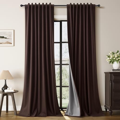 Guken Coffee Linen 100% Blackout Curtains for Bedroom 102 Inches Long 2 Panels Set Elegant Textured Black Out Room Decor Sound Proof Back Tab Hook Belt Drapes for Bedroom Cafe Sliding Door 52x102 - color: Coffee, size: 52"W x 102"L (Pack of 2)