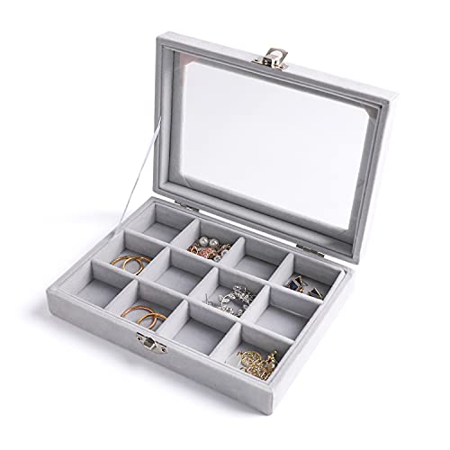 Frebeauty Jewelry Organizer Tray with Clear Lid, 12 Grid Velvet Drawer Insert Storage Box with Transparent Lid Display Case Gift for Women (Grey, 12 Grid) - color: Grey, size: 12 Grid