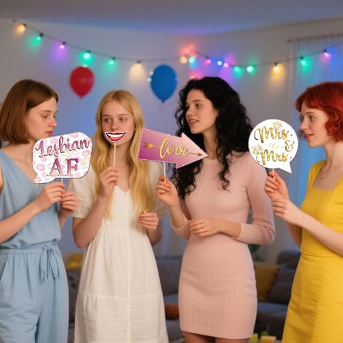 Mrs & Mrs Photo Booth Props, Girls Lesbian Wedding Photoshoot Brides to Be Bachelorette Party Photography Props Favor Centerpiece Sticks Decorations 20 PCS