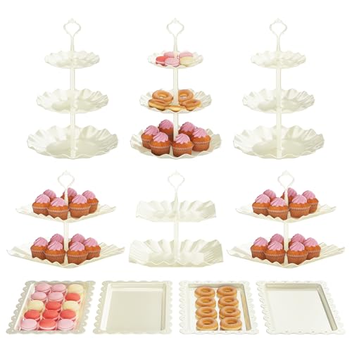 10 Pack Cake Stand Set with 3 x Two-Tier and 3 x Three-Tier Cupcake Stands, Plastic Dessert Table Stand Set 3 Tired Cookie Tray and 4 Pcs Dessert Trays - color: White