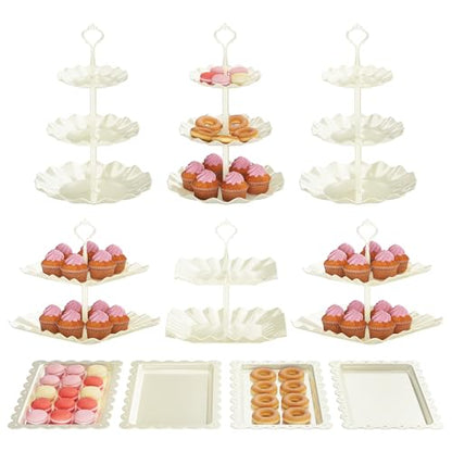 10 Pack Cake Stand Set with 3 x Two-Tier and 3 x Three-Tier Cupcake Stands, Plastic Dessert Table Stand Set 3 Tired Cookie Tray and 4 Pcs Dessert Trays - color: White
